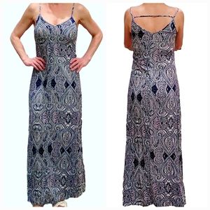 Boho Paisley Blue and White Maxi Dress with side Slits Size Small